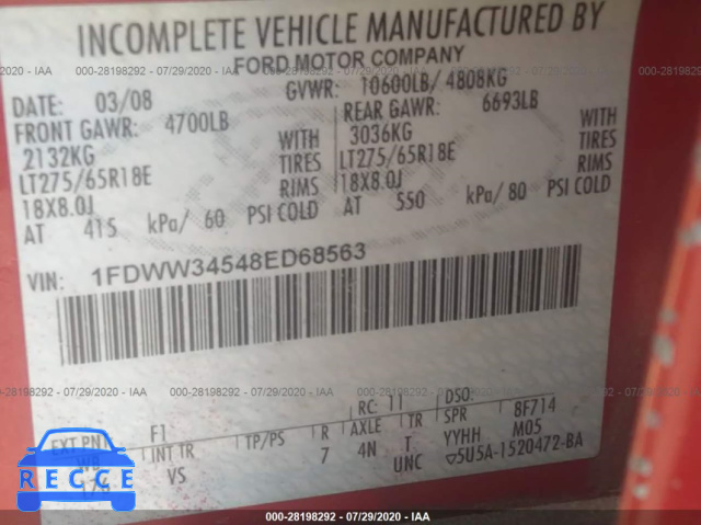 2008 FORD SUPER DUTY F-350 SRW XL/XLT/LARIAT 1FDWW34548ED68563 image 8