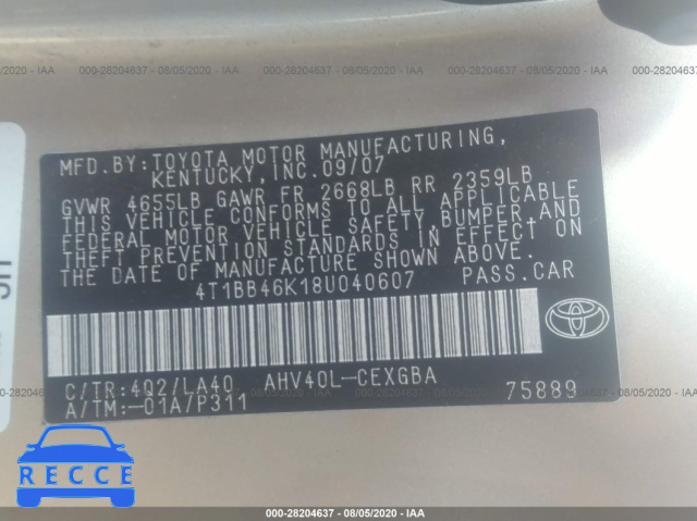 2008 TOYOTA CAMRY HYBRID 4T1BB46K18U059044 зображення 8