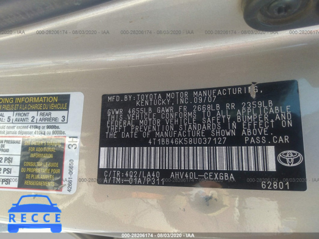 2008 TOYOTA CAMRY HYBRID 4T1BB46K58U037127 image 8