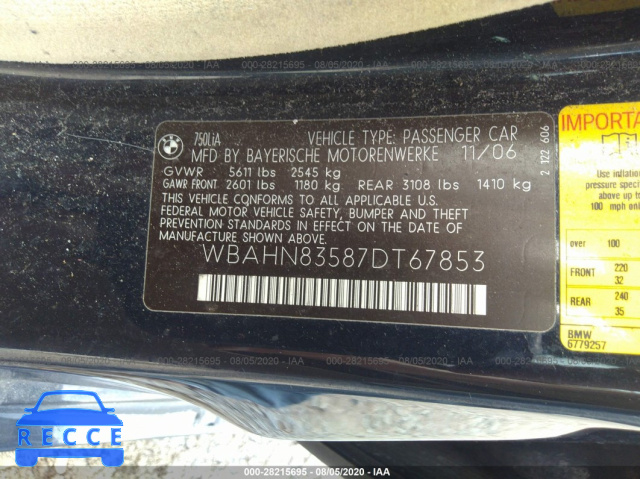 2007 BMW 7 SERIES 750LI WBAHN83587DT67853 image 8