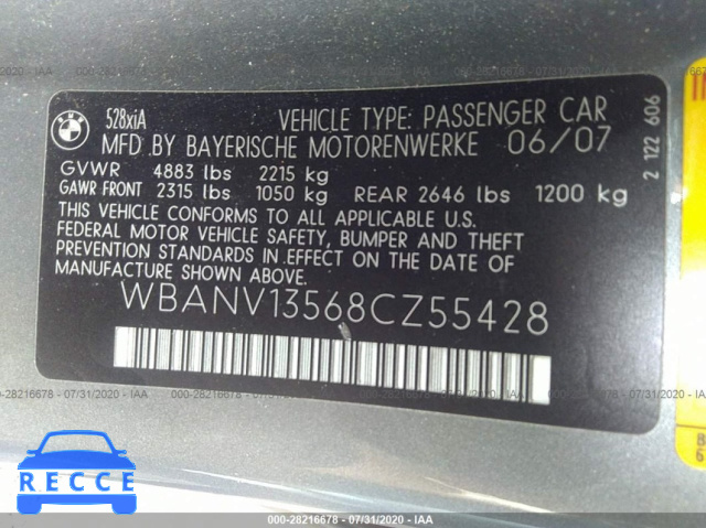 2008 BMW 5 SERIES 528XI WBANV13568CZ55428 Bild 8