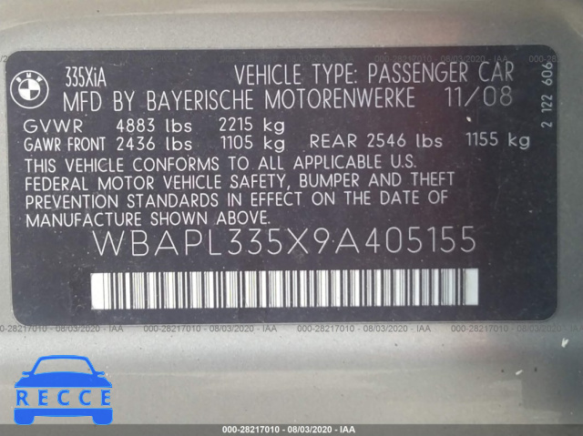 2009 BMW 3 SERIES 335I XDRIVE WBAPL335X9A405155 image 8