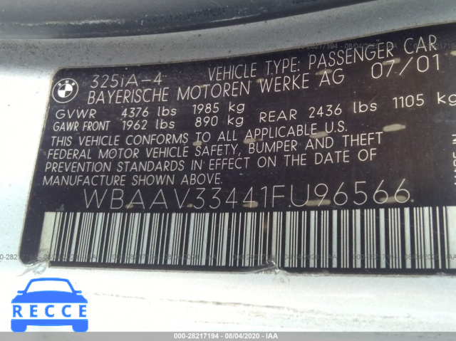 2001 BMW 3 SERIES 325I WBAAV33441FU96566 image 8