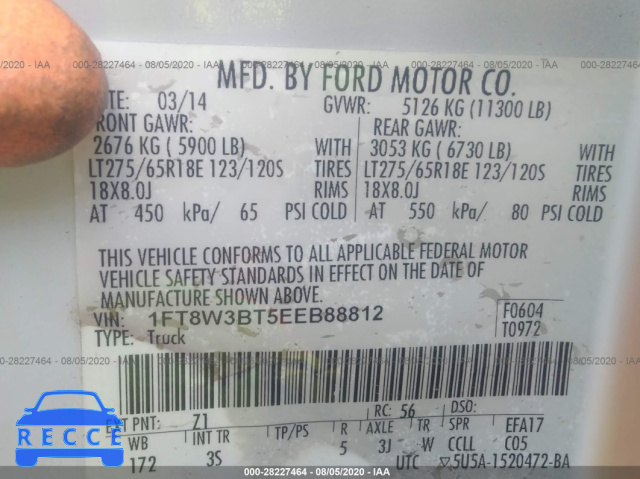 2014 FORD SUPER DUTY F-350 SRW XLT/XL/LARIAT/PLATINUM 1FT8W3BT5EEB88812 image 8