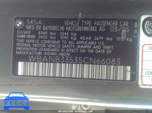 2005 BMW 5 SERIES 545I WBANB33535CN66083 Bild 8