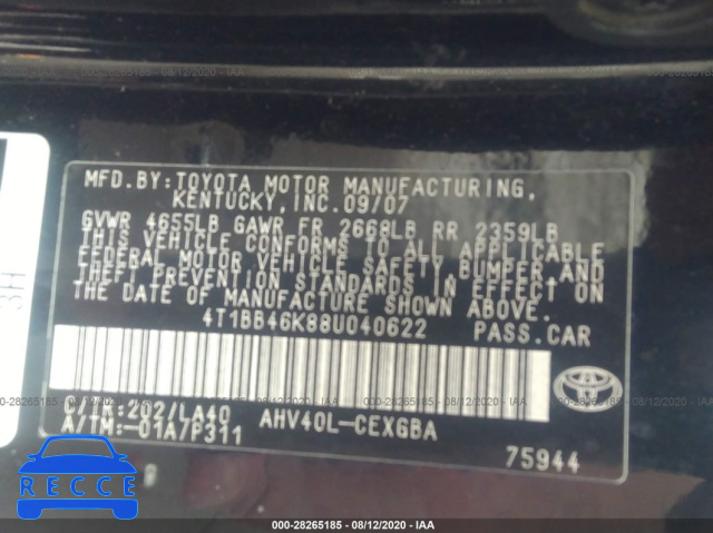 2008 TOYOTA CAMRY HYBRID 4T1BB46K88U040622 image 8
