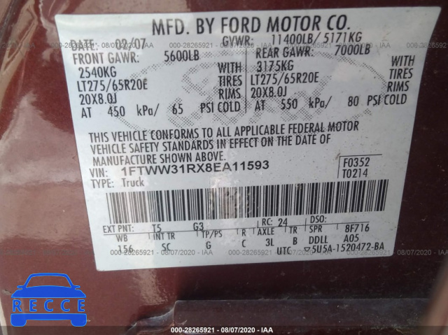 2008 FORD SUPER DUTY F-350 SRW XL/XLT/FX4/LARIAT 1FTWW31RX8EA11593 image 8