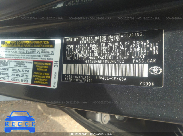 2008 TOYOTA CAMRY HYBRID 4T1BB46K48U040102 image 8