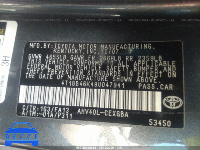 2008 TOYOTA CAMRY HYBRID 4T1BB46K48U047941 image 8