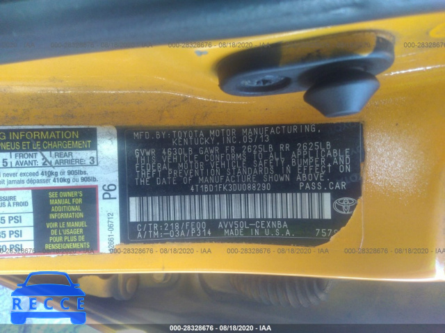 2013 TOYOTA CAMRY HYBRID LE/XLE 4T1BD1FK3DU088290 image 8