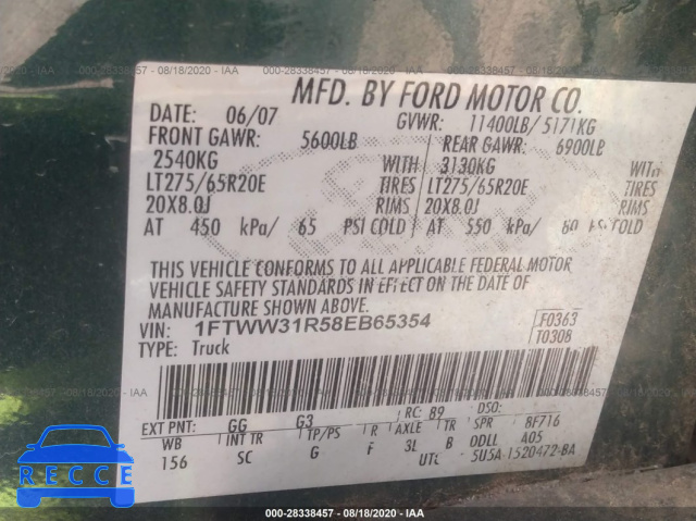 2008 FORD SUPER DUTY F-350 SRW XL/XLT/FX4/LARIAT 1FTWW31R58EB65354 image 8