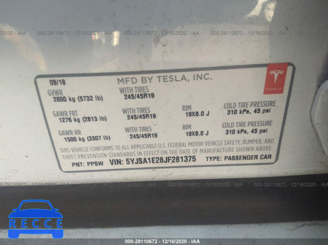 2018 TESLA MODEL S 75D/100D/P100D 5YJSA1E28JF281375 image 8