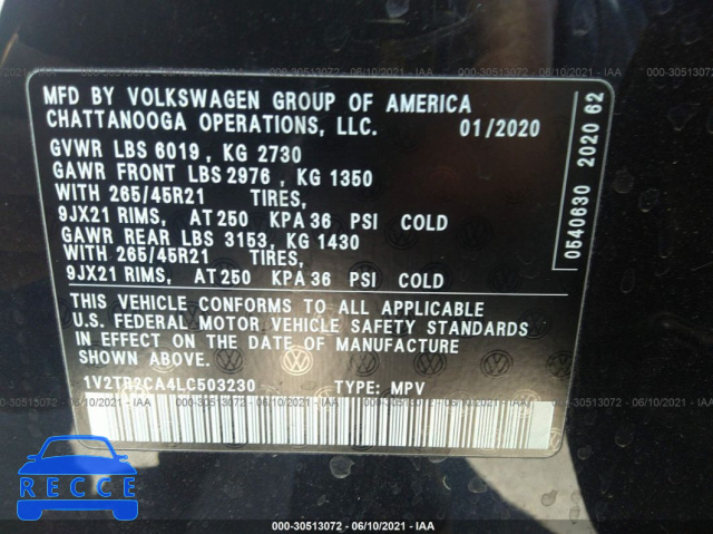 2020 VOLKSWAGEN ATLAS 3.6L V6 SEL PREMIUM 1V2TR2CA4LC503230 image 8