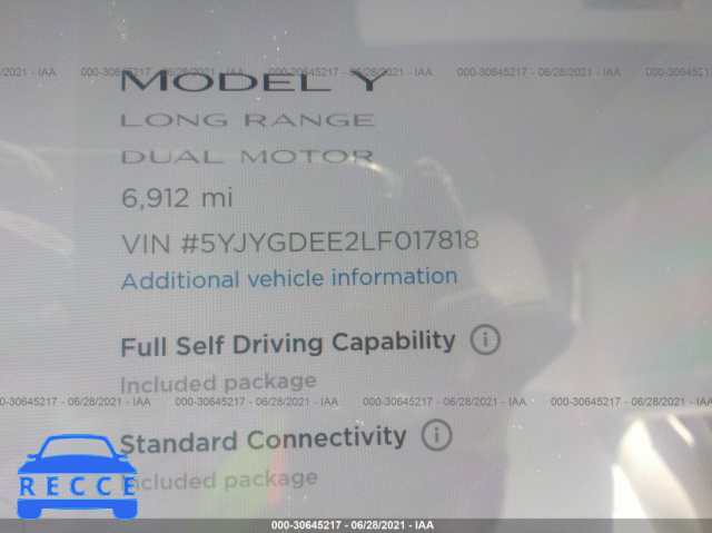 2020 TESLA MODEL Y LONG RANGE 5YJYGDEE2LF017818 Bild 8