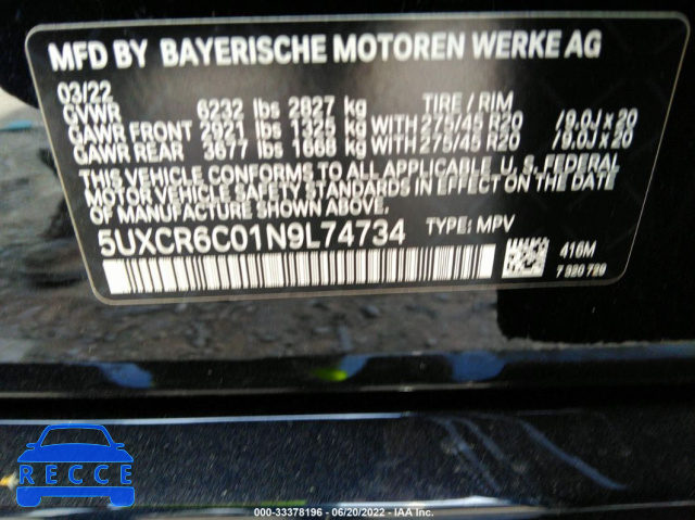 2022 BMW X5 XDRIVE40I 5UXCR6C01N9L74734 Bild 8