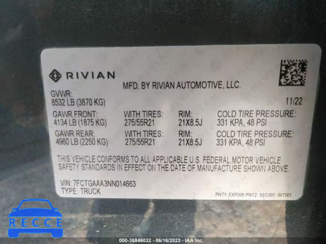 2022 RIVIAN R1T ADVENTURE PACKAGE 7FCTGAAA3NN014663 зображення 8