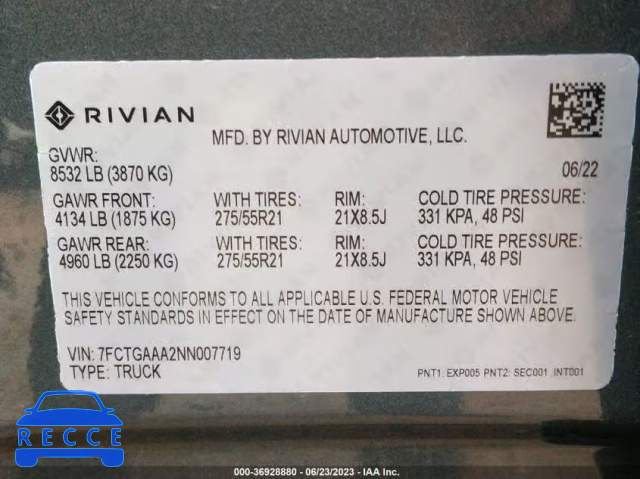 2022 RIVIAN R1T ADVENTURE PACKAGE 7FCTGAAA2NN007719 зображення 8