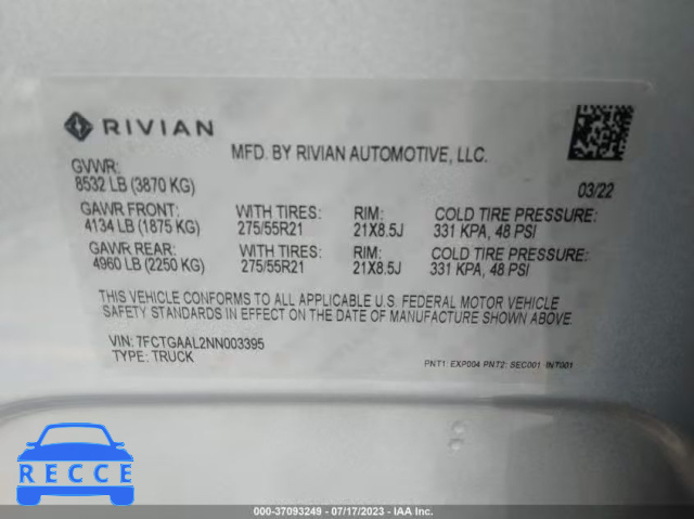 2022 RIVIAN R1T LAUNCH EDITION 7FCTGAAL2NN003395 Bild 8