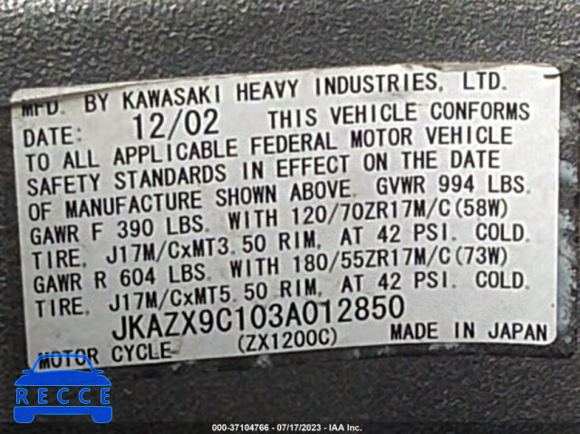 2003 KAWASAKI ZX1200 C JKAZX9C103A012850 image 9