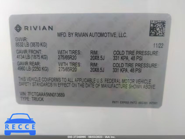 2022 RIVIAN R1T ADVENTURE PACKAGE 7FCTGAAA5NN013689 зображення 8