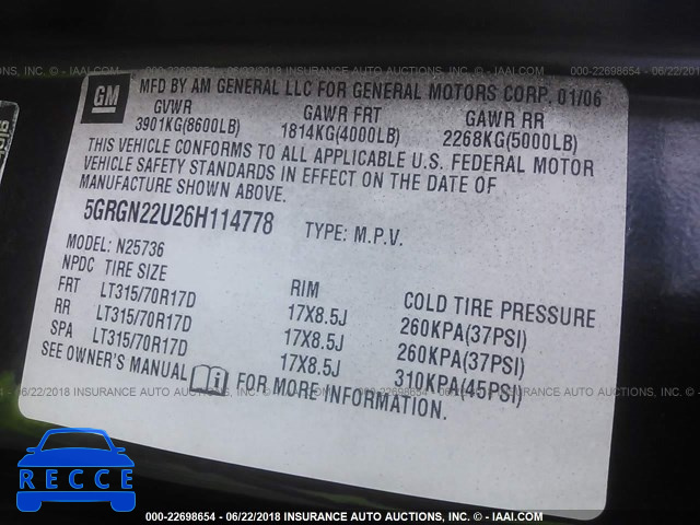 2006 HUMMER H2 SUT 5GRGN22U26H114778 Bild 8