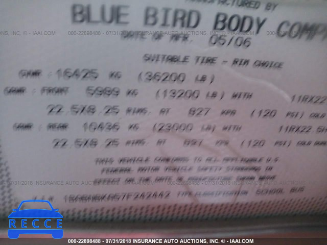 2007 BLUE BIRD SCHOOL BUS 1BABNBKA57F242442 зображення 8