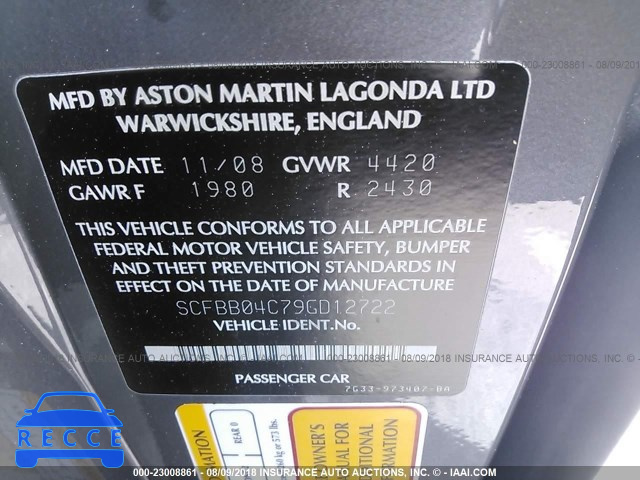 2009 ASTON MARTIN V8 VANTAGE SCFBB04C79GD12722 зображення 8
