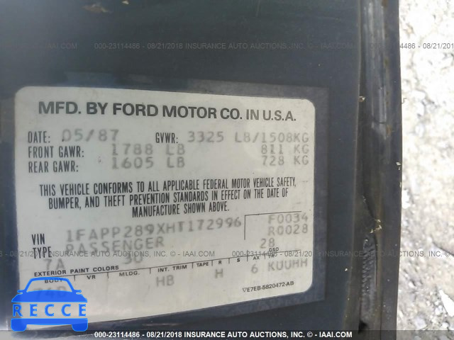 1987 FORD ESCORT GL 1FAPP289XHT172996 зображення 8