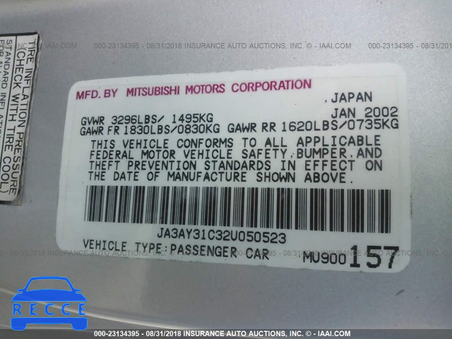 2002 MITSUBISHI MIRAGE LS JA3AY31C32U050523 image 8