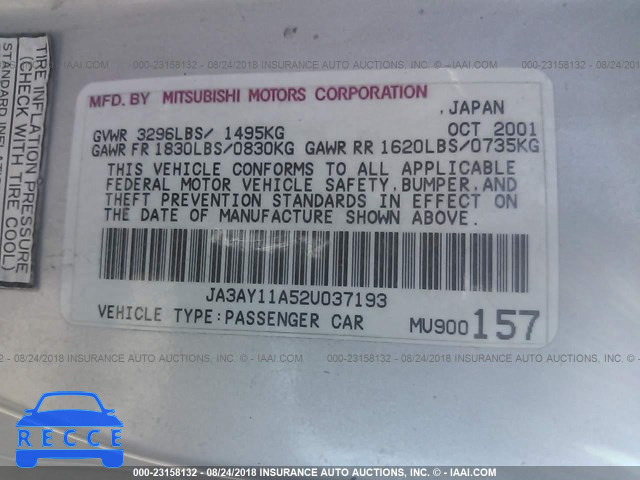 2002 MITSUBISHI MIRAGE DE JA3AY11A52U037193 зображення 8