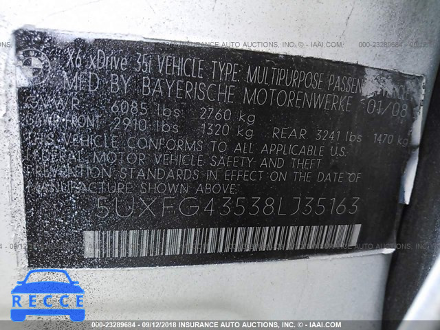 2008 BMW X6 XDRIVE35I 5UXFG43538LJ35163 image 8