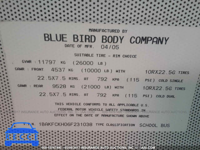 2006 BLUE BIRD SCHOOL BUS 1BAKFCKH06F231038 image 8