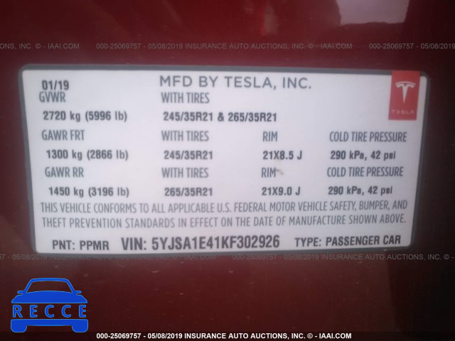 2019 TESLA MODEL S 5YJSA1E41KF302926 зображення 8