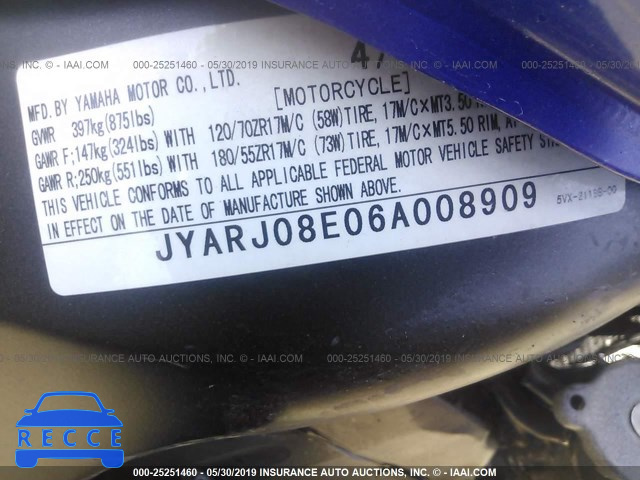 2006 YAMAHA FZ6 S JYARJ08E06A008909 зображення 9