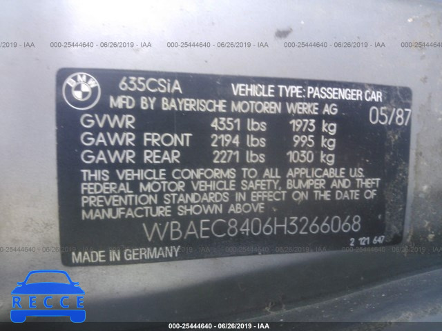 1987 BMW 635 CSI AUTOMATICATIC L6 WBAEC8406H3266068 зображення 8