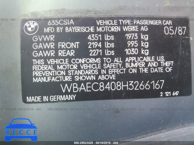 1987 BMW 635 CSI AUTOMATICATIC/L6 WBAEC8408H3266167 зображення 8