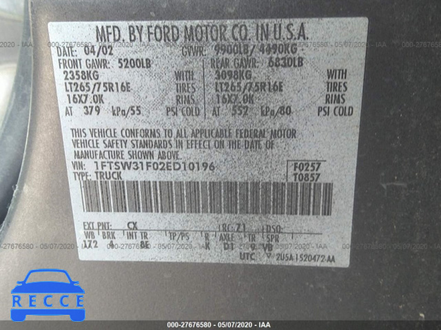 2002 FORD SUPER DUTY F-350 SRW SRW SUPER DUTY 1FTSW31F02ED10196 image 8