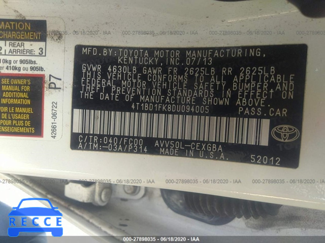 2013 TOYOTA CAMRY HYBRID LE/XLE 4T1BD1FK8DU094005 image 8