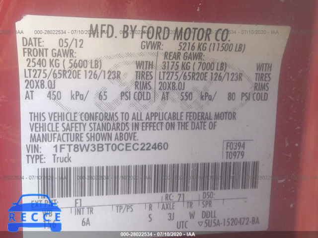 2012 FORD SUPER DUTY F-350 SRW XL/XLT/LARIAT/KING RANCH 1FT8W3BT0CEC22460 image 8