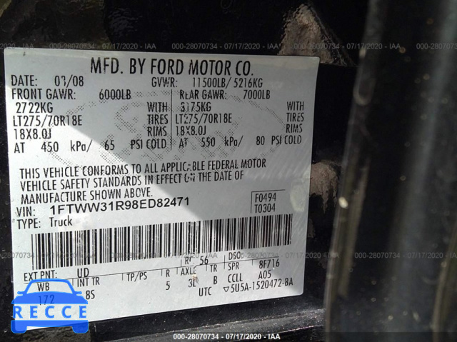 2008 FORD SUPER DUTY F-350 SRW XL/XLT/FX4/LARIAT 1FTWW31R98ED82471 image 8