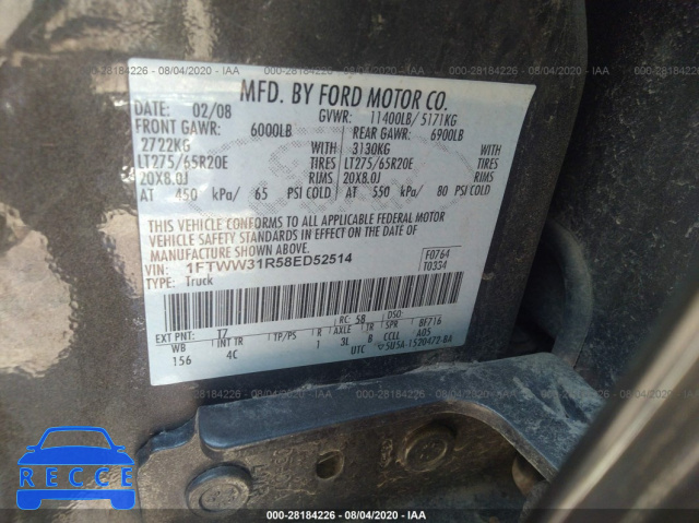2008 FORD SUPER DUTY F-350 SRW XL/XLT/FX4/LARIAT 1FTWW31R58ED52514 image 8