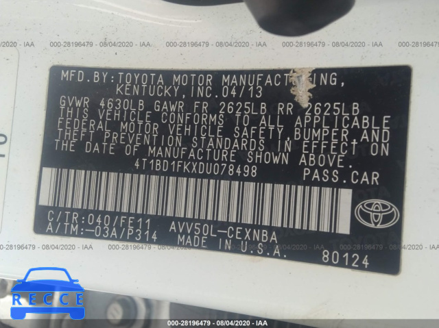 2013 TOYOTA CAMRY HYBRID LE/XLE 4T1BD1FKXDU078498 image 8