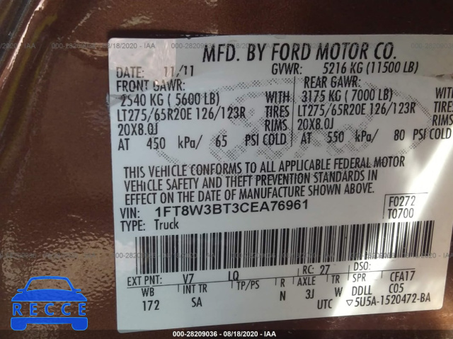 2012 FORD SUPER DUTY F-350 SRW XL/XLT/LARIAT/KING RANCH 1FT8W3BT3CEA76961 image 8