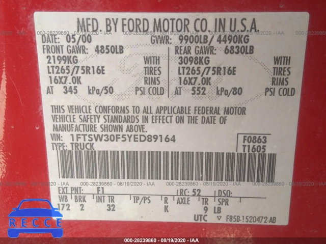 2000 FORD SUPER DUTY F-350 SRW XL/XLT/LARIAT 1FTSW30F5YED89164 image 8