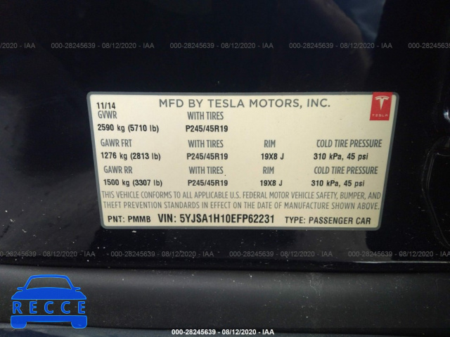 2014 TESLA MODEL S 60 KWH BATTERY/P85 5YJSA1H10EFP62231 зображення 8