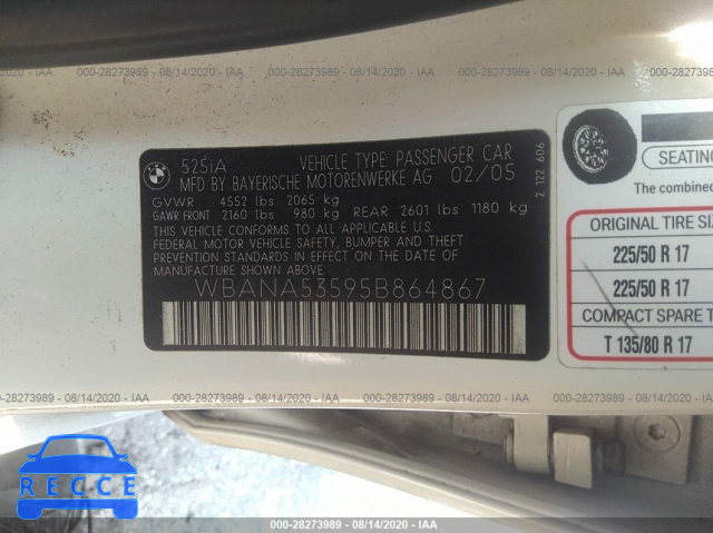 2005 BMW 5 SERIES 525I WBANA53595B864867 Bild 8