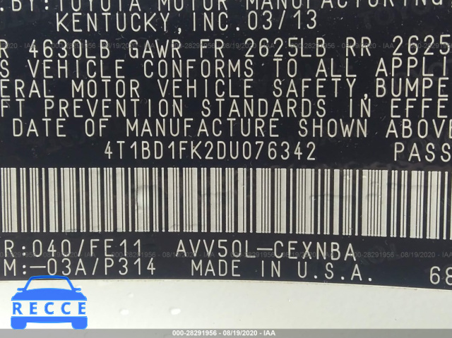 2013 TOYOTA CAMRY HYBRID LE/XLE 4T1BD1FK2DU076342 image 8
