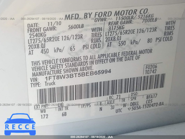 2011 FORD SUPER DUTY F-350 SRW XL/XLT/LARIAT/KING RANCH 1FT8W3BT5BEB65994 image 8
