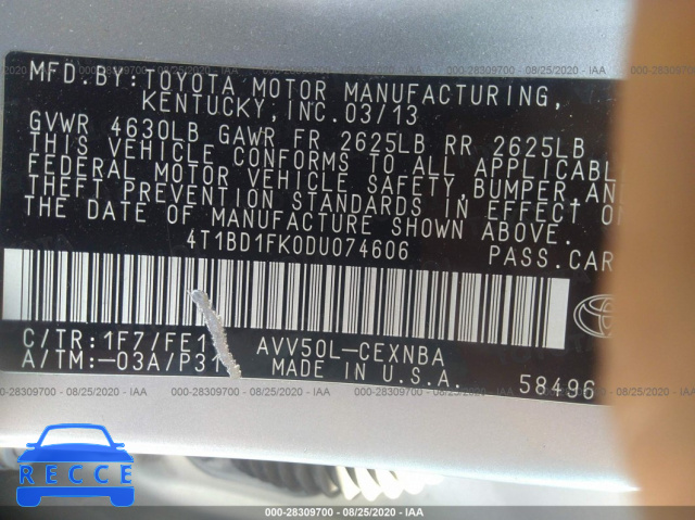 2013 TOYOTA CAMRY HYBRID LE/XLE 4T1BD1FK0DU074606 image 8