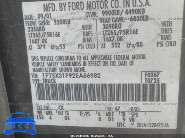 2002 FORD SUPER DUTY F-350 SRW XL/XLT/LARIAT 1FTSX31F92EA66982 image 8